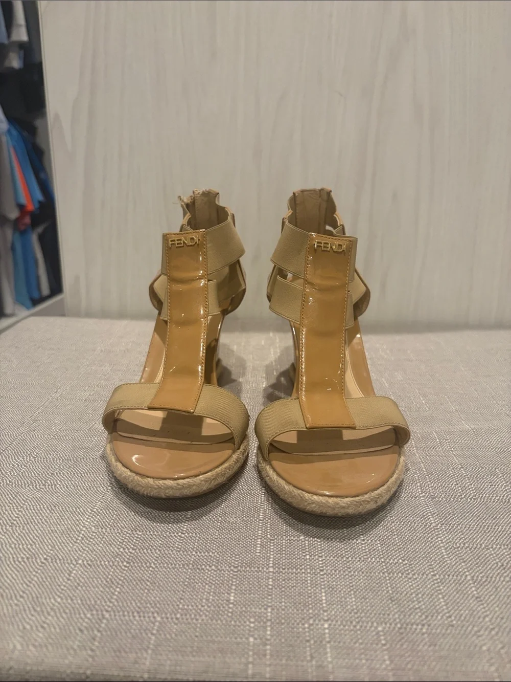 Fendi Beige/Tan Patent Leather Espadrille Wedge Sandals